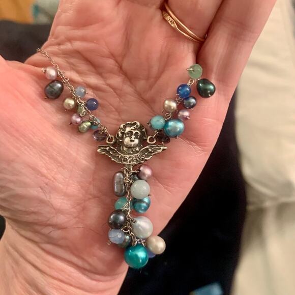 VINTAGE UNWORN STERLING SILVER CHERUB ANGEL  MULTI PEARL NECKLACE - Picture 7 of 10